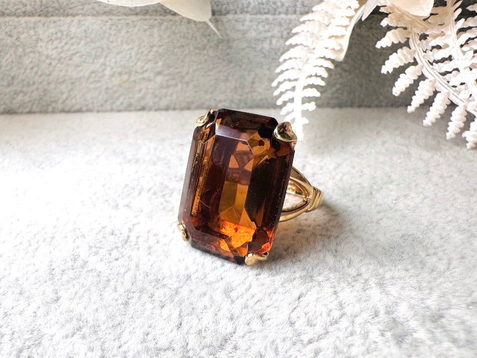 Vintage 70s Ring, Large Solitaire Topaz Rectangle Emerald Cut 1978 Smoky Lustre November Birthstone Cocktail Ring, Chunky Costume Jewelry