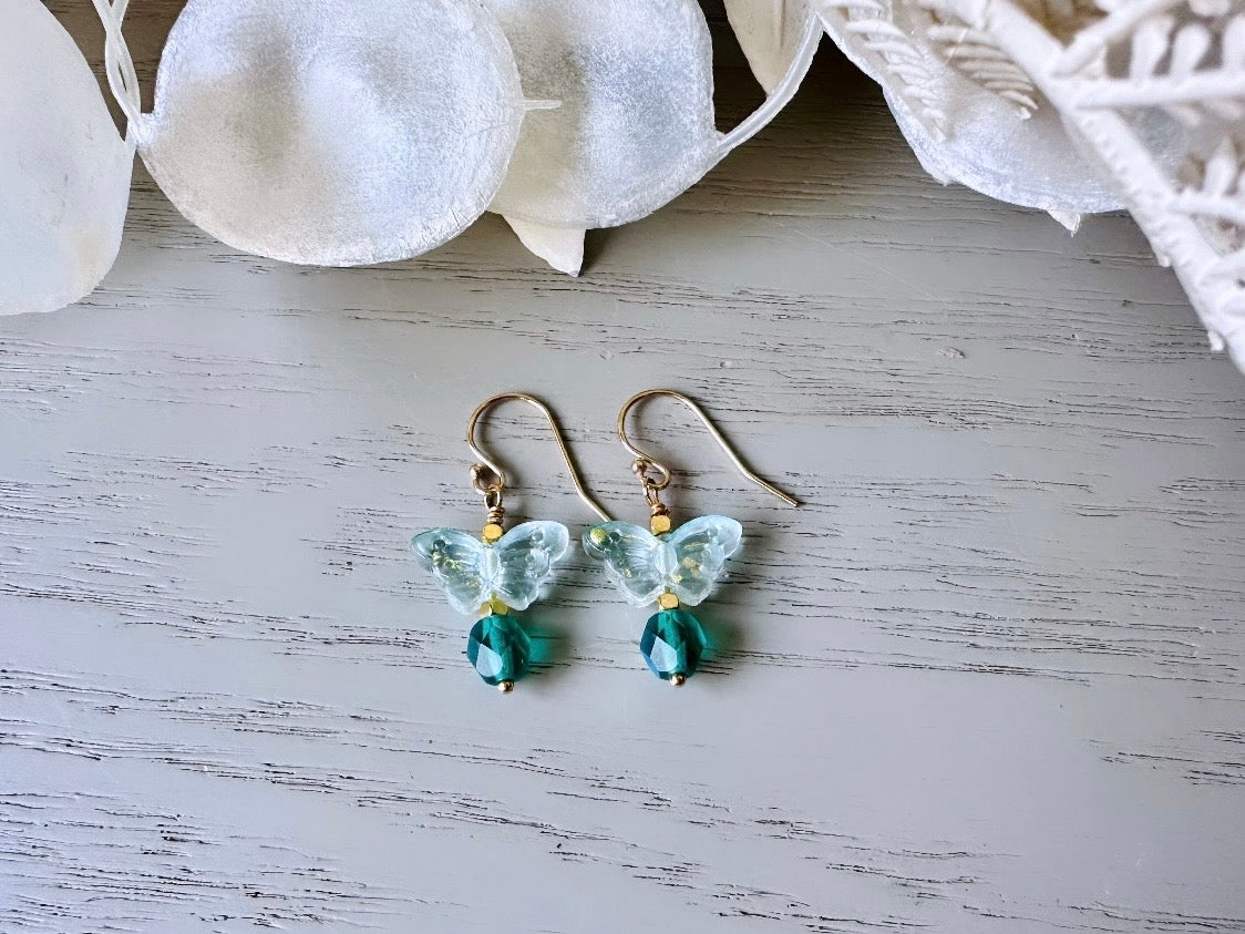 Gilded Butterfly Earrings, Handmade Aqua Blue & Gold Dainty Dangle Earrings, 14kt Gold Delicate Gold Earrings, Whimsical Butterfly Jewelry