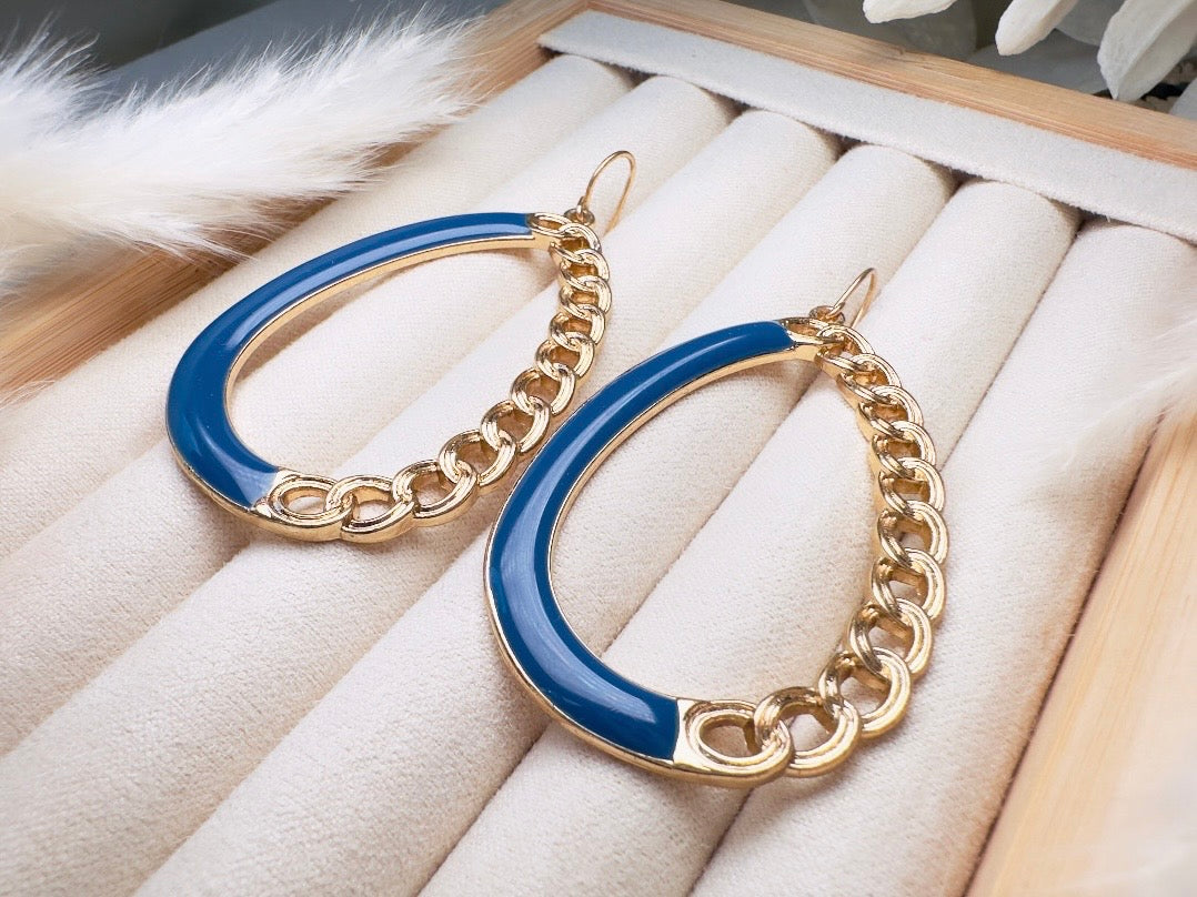 Teardrop Hoop Earrings with Blue Enamel and Gold Chain, Unique 80s Vintage Drop Earrings