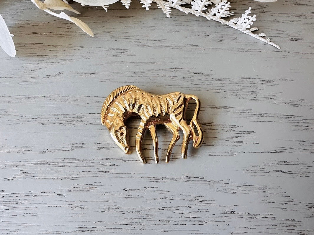 Gold Zebra Brooch Pin, Vintage Wild Zebra Pin, Fun 1980s Jewelry, 80s Gold Vintage Brooch