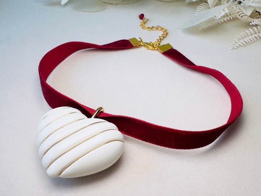 Cream and Gold Vintage Striped Puffy Heart Pendant on Cranberry Red Velvet Choker