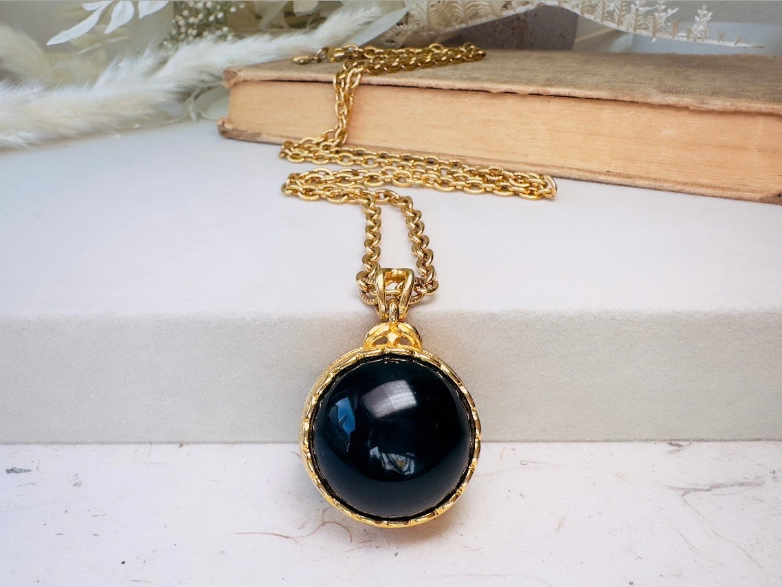 Black Locket Necklace, Sphere Locket Pendant Necklace on Extra Long Gold Chain, Vintage Liz Claiborne Necklace