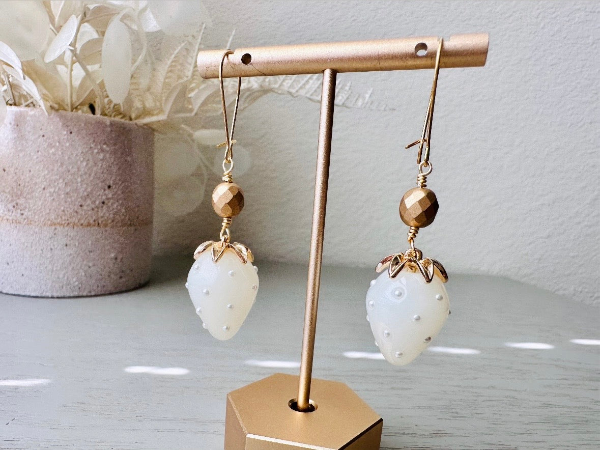 White Strawberry Earrings, Original Handmade 24k Gold + Glass Earrings, Large Pearl Strawberry Dangle Earrings, Unique Handmade Earrings