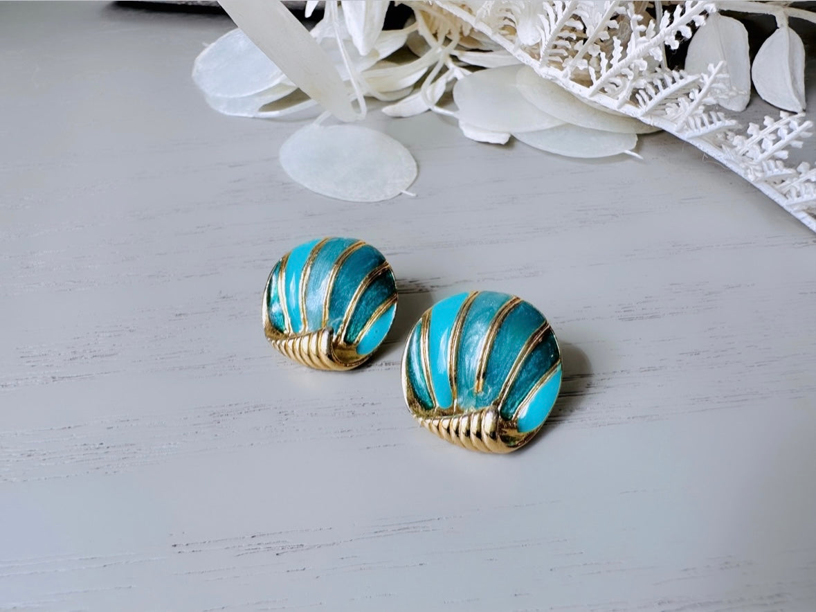 Vintage Shell Earrings, Mermaid Teal Blue Enamel Shell Pierced Earrings, Gold Beach Vintage Earrings, Pierced Vintage Seashell Earring Studs