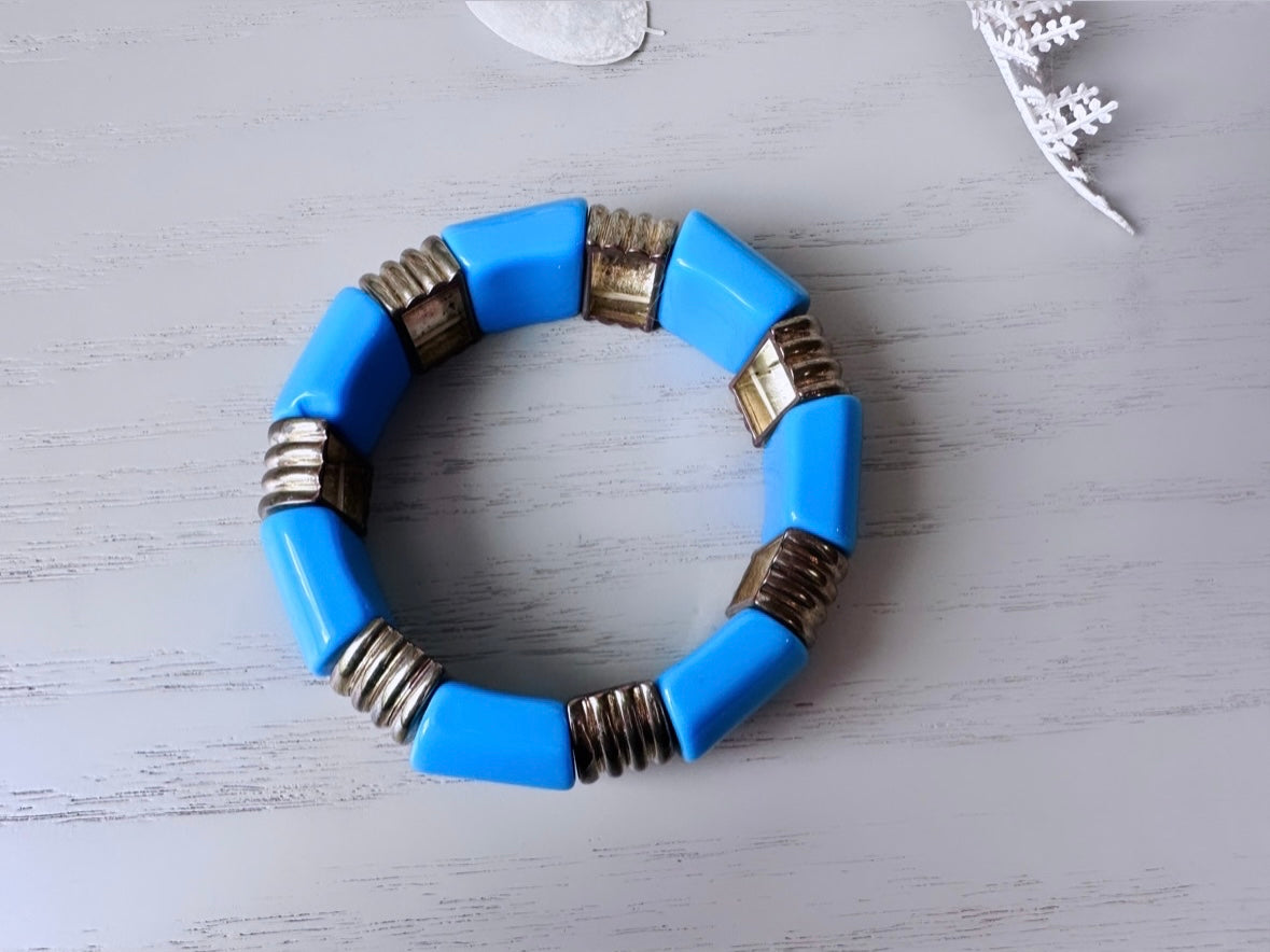Blue and Brass Vintage Bangle, Chunky Wide Band Bracelet, Bright Blue 1980s Geometric Vintage Retro Stretch Bracelet, Colorful Pop
