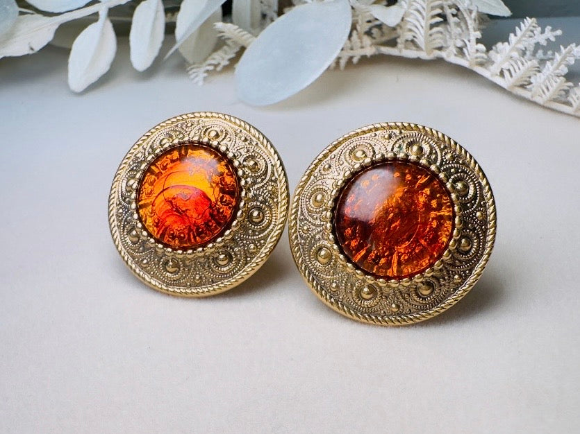 1928 Ornate Gold & Amber Resin Cabochon Vintage Statement Earrings
