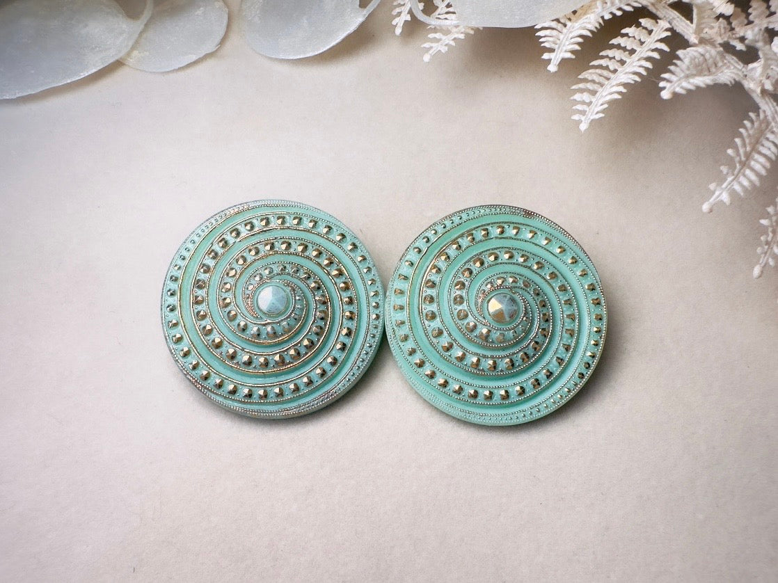 Vintage Mint Glass Earrings, Incredibly Unique Gold Spiral Disc Clip Ons, Seafoam Green Oversized Art Deco Vintage Statement Earrings