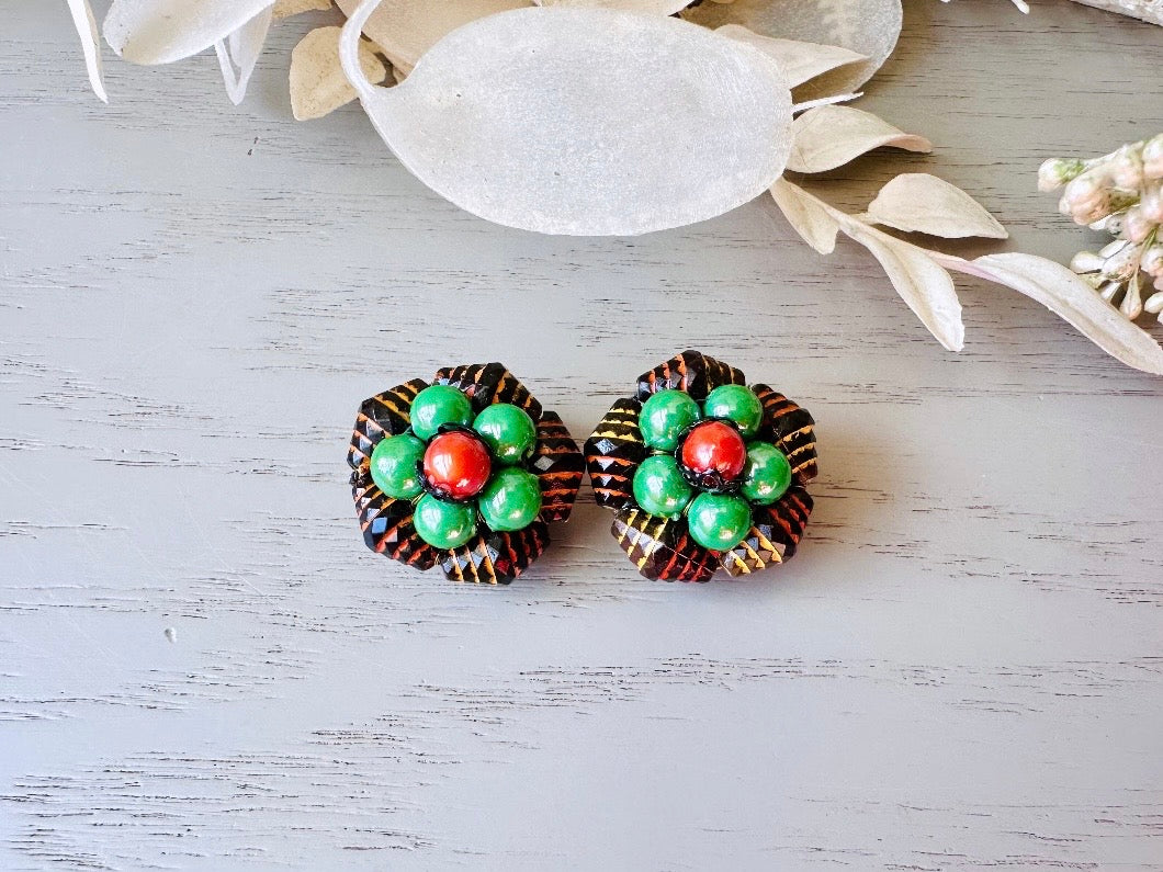 Red and Green Vintage Earrings, Unique 1960s Beaded Clip On Earrings, Made in Hong Kong, Super Cool Mod Pop Retro Authentic 60s Earrings