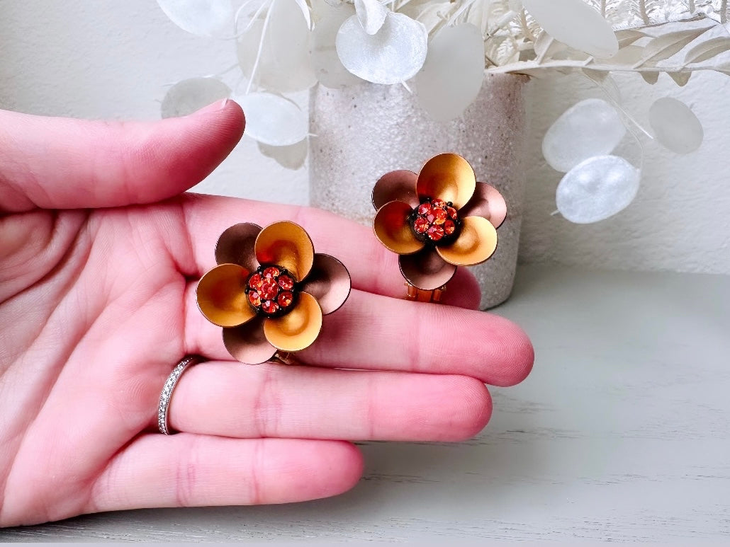 Copper and Red Metal Flower Earrings, Eclectic Vintage Earrings, Matte Gold and Rhinestone Clip On Flower Earrings for Nonpierced Ears