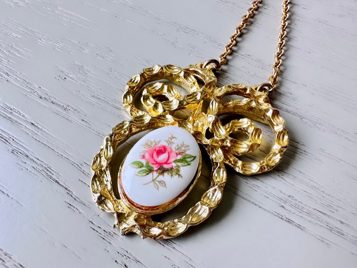 Pink Rose Cameo Necklace, Vintage Gold Tone Floral Pendant Necklace, Whimsical Porcelain Rose Flower Pendant Necklace, Long 24" Gold Chain