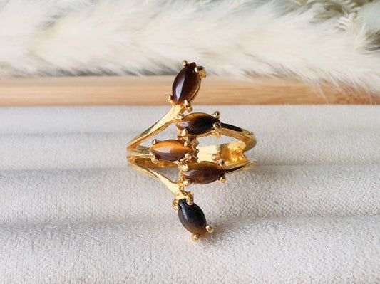 Vintage Tigers Eye Ring, 18k Gold Multi-stone 70s Gold and Brown Gemstone Cocktail Ring, Fitted Size 7 Retro Statement Ring