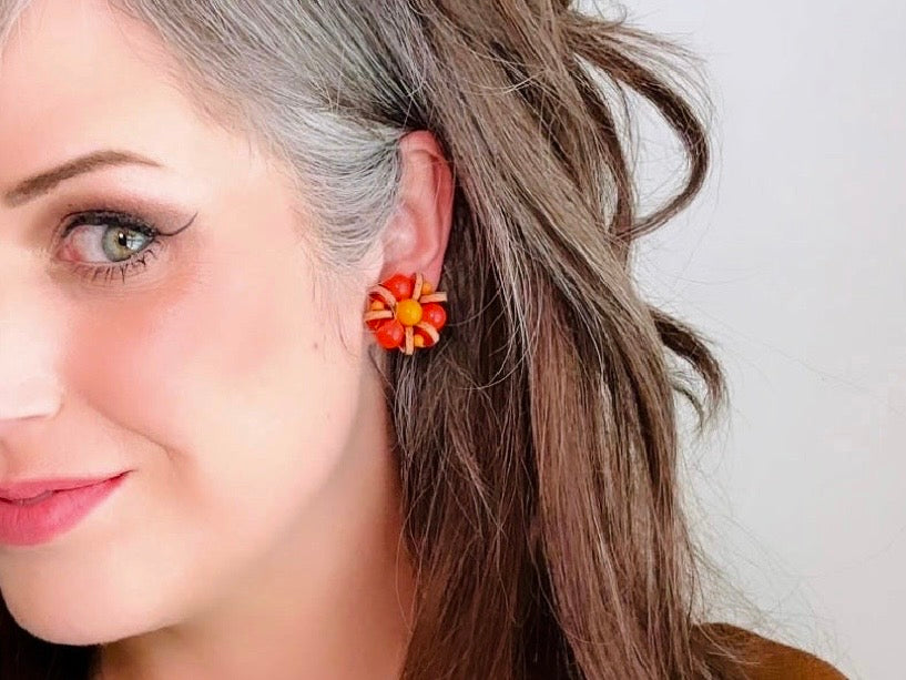 Vintage Japanese Earrings, Colorful 60s Earrings in Red + Orange with Wood and Sequins, Beaded Clip On Earrings