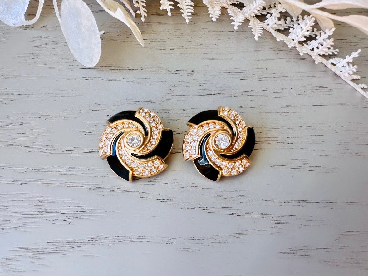 Black Rhinestone Spiral Earrings, Vintage Gold Earrings Black Enamel & Channel Set Diamond Rhinestones, Clip On Earrings for Nonpierced Ears