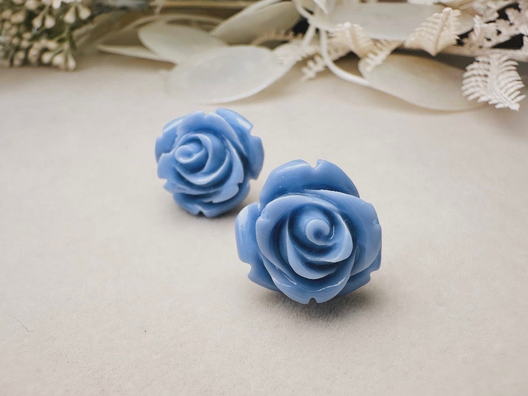 Flower Stud Earrings, Dusty Blue Earring, Large Rose Earrings, Rose Stud Earring, Big Flower Earrings, Resin Stud Earring, Hypoallergenic