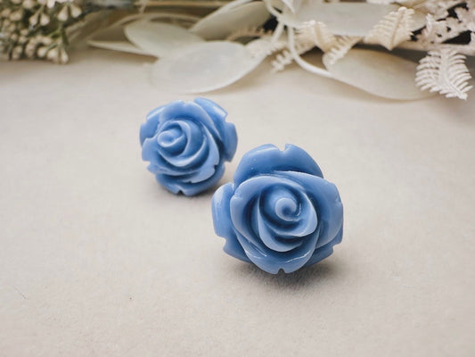 Flower Stud Earrings, Dusty Blue Earring, Large Rose Earrings, Rose Stud Earring, Big Flower Earrings, Resin Stud Earring, Hypoallergenic