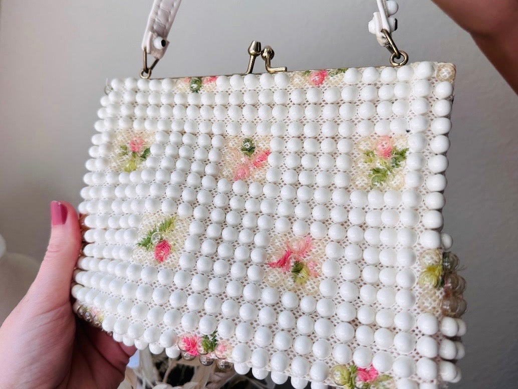 Vintage Beaded Mid-Century Handbag good White & Pink Floral Handbag OS