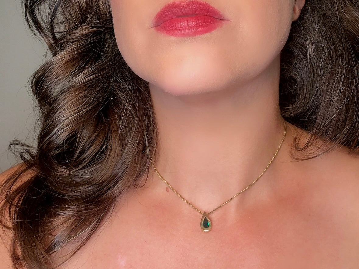 Emerald Teardrop Necklace, Dainty Austrian Crystal Raindrop Necklace in Green and Gold