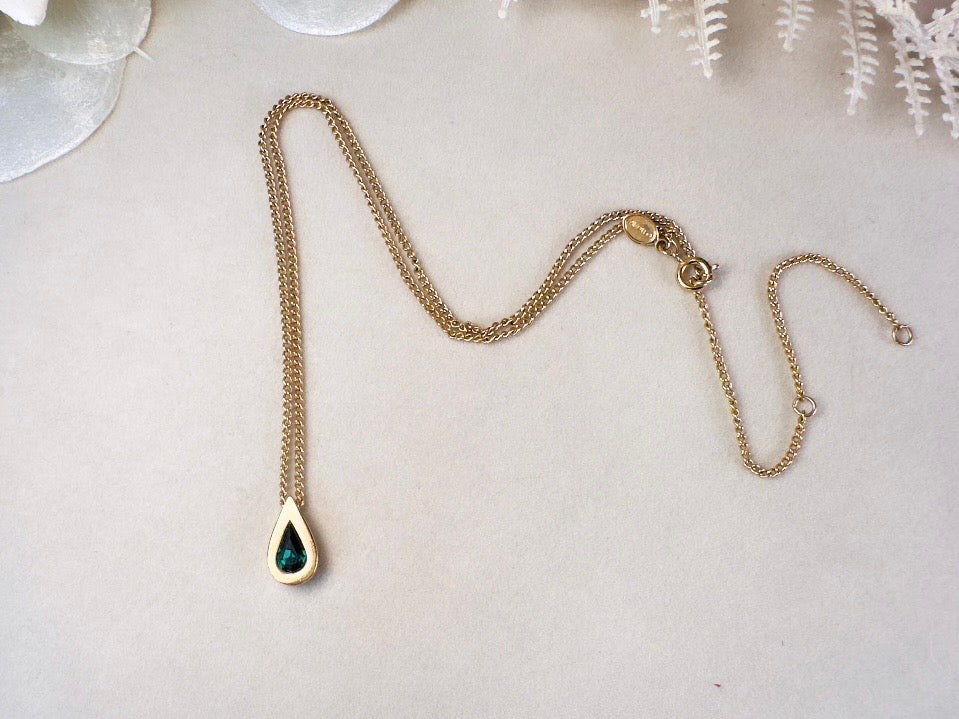 Emerald Teardrop Necklace, Dainty Austrian Crystal Raindrop Necklace in Green and Gold