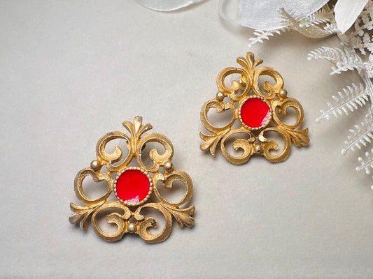 Etruscan Brushed Gold Earrings with Red Enamel Centers,