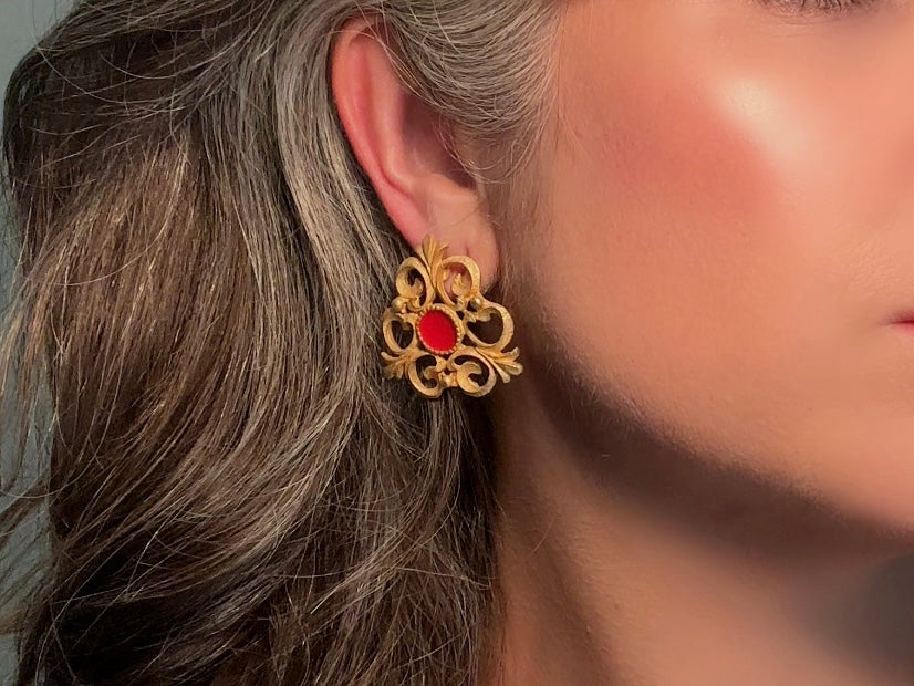 Etruscan Brushed Gold Earrings with Red Enamel Centers,