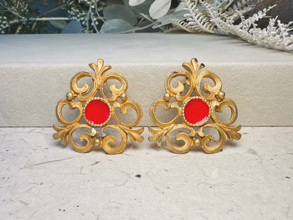 Etruscan Brushed Gold Earrings with Red Enamel Centers