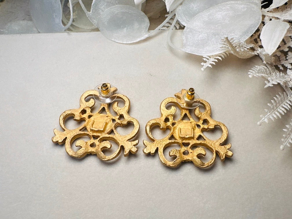 Etruscan Brushed Gold Earrings with Red Enamel Centers