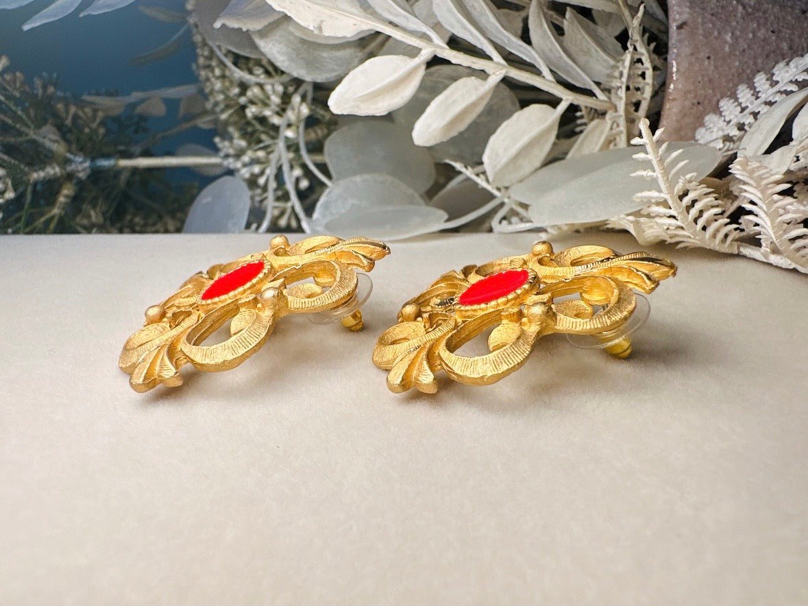 Etruscan Brushed Gold Earrings with Red Enamel Centers