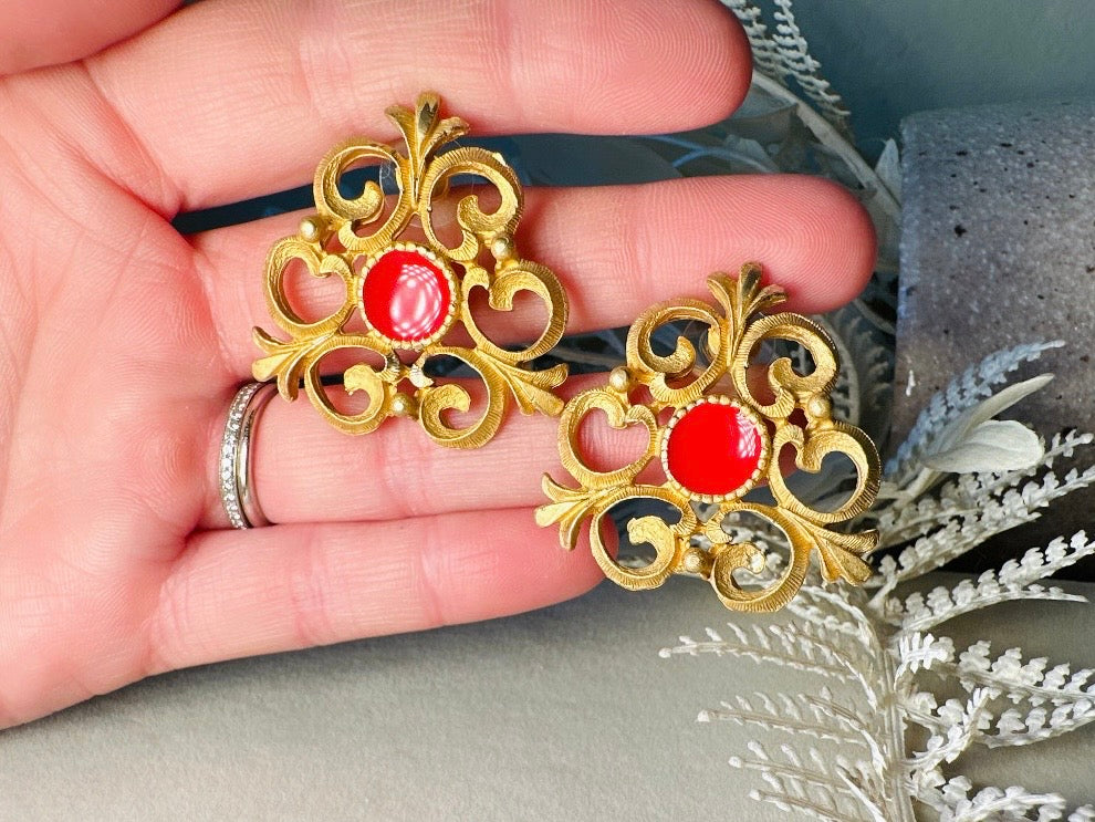 Etruscan Brushed Gold Earrings with Red Enamel Centers