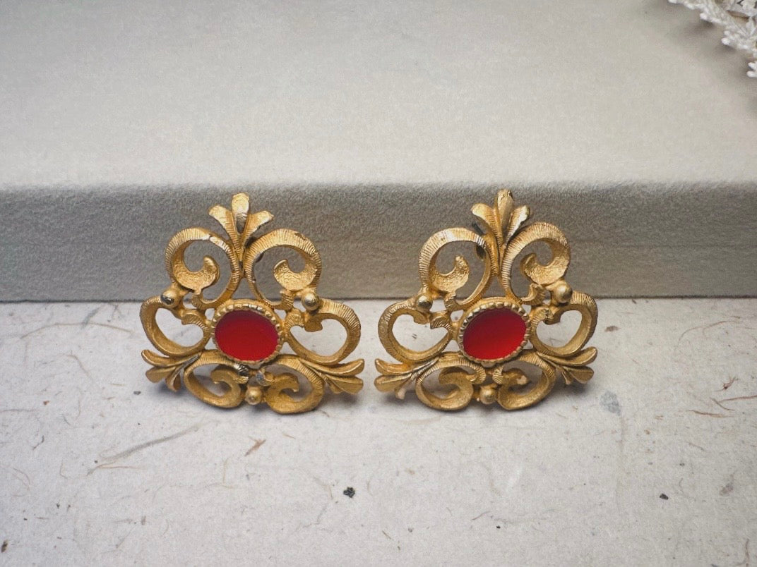 Etruscan Brushed Gold Earrings with Red Enamel Centers