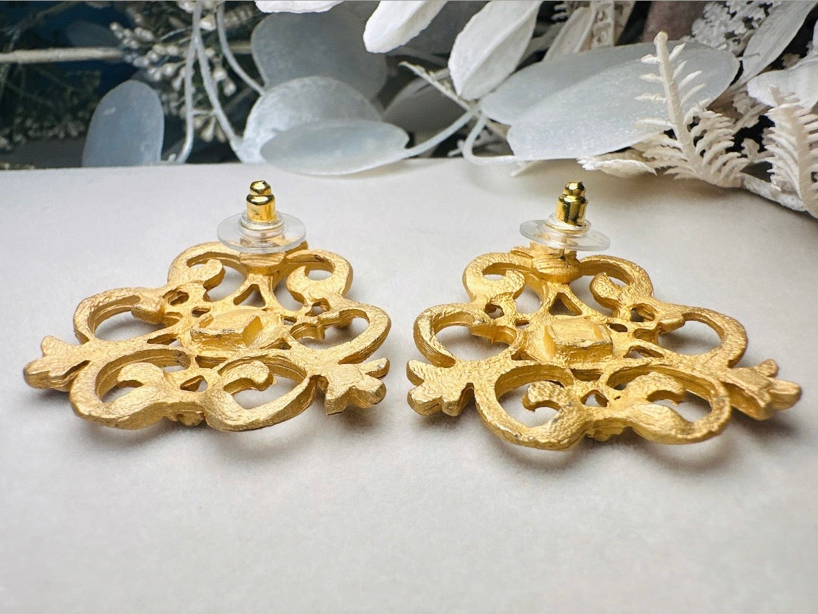 Etruscan Brushed Gold Earrings with Red Enamel Centers