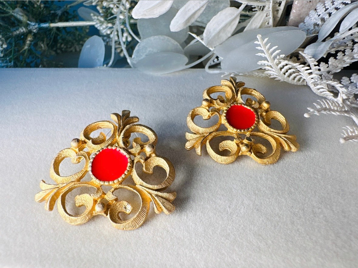 Etruscan Brushed Gold Earrings with Red Enamel Centers