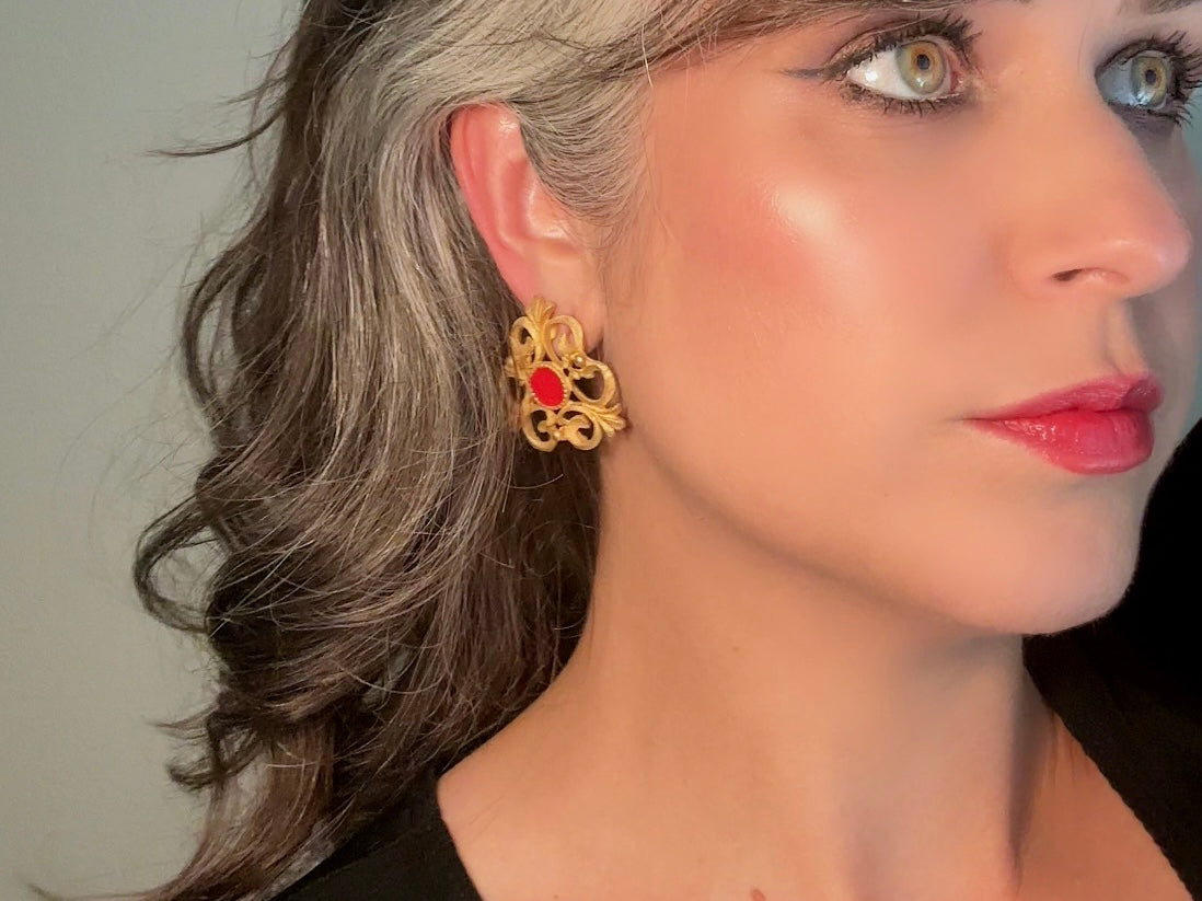 Etruscan Brushed Gold Earrings with Red Enamel Centers