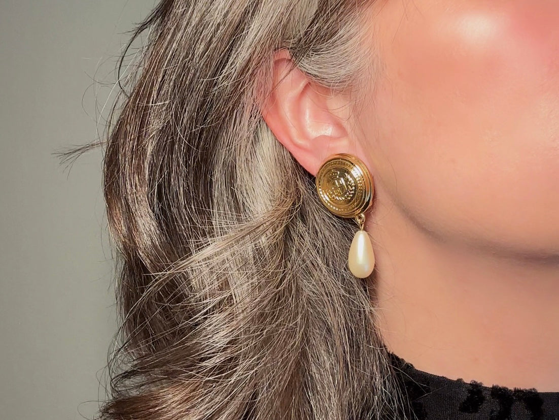 Etruscan Pearl Drop Earrings, Vintage Liz Claiborne Shield Clip On Earrings with Signaure Gold LCI Laurel Crest