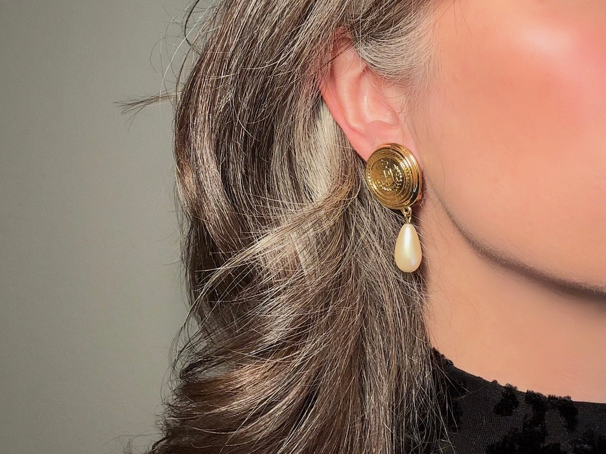 Etruscan Pearl Drop Earrings, Vintage Liz Claiborne Shield Clip On Earrings with Signaure Gold LCI Laurel Crest