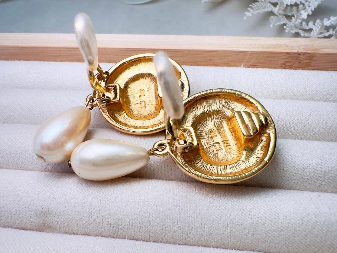 Etruscan Pearl Drop Earrings, Vintage Liz Claiborne Shield Clip On Earrings with Signaure Gold LCI Laurel Crest