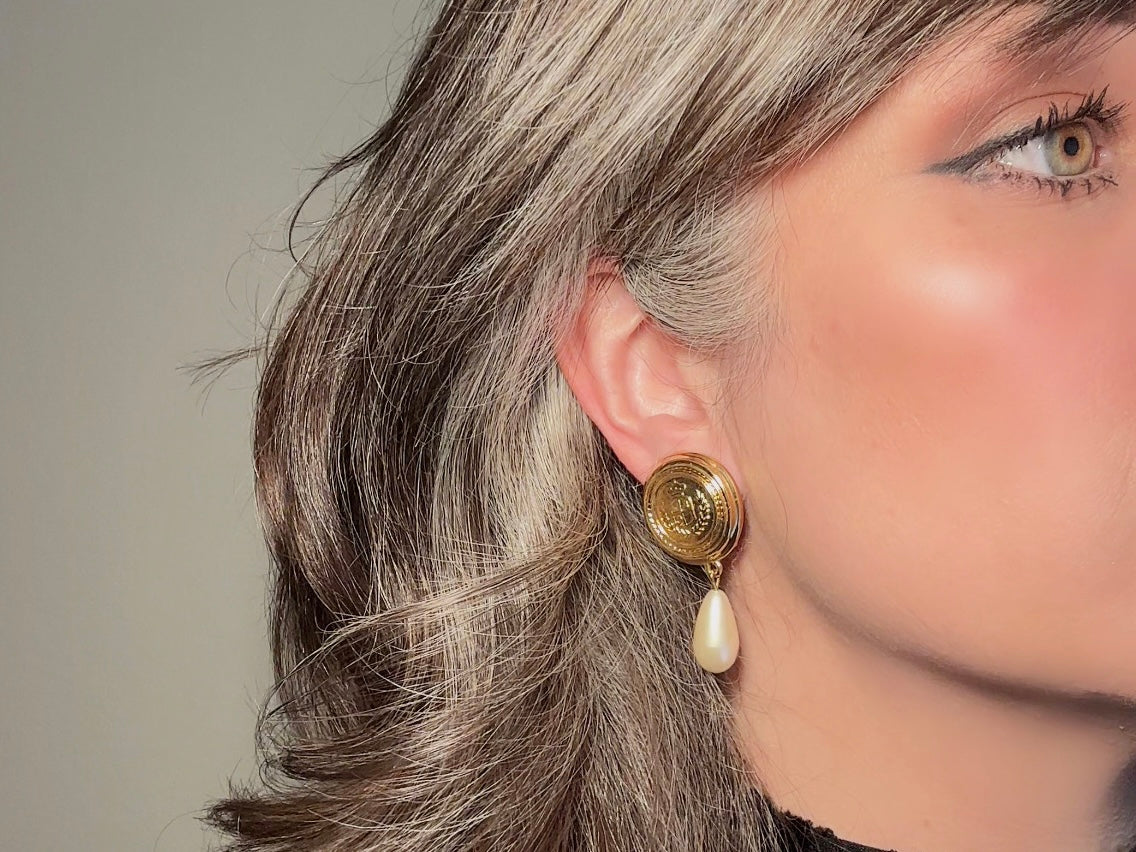 Etruscan Pearl Drop Earrings, Vintage Liz Claiborne Shield Clip On Earrings with Signaure Gold LCI Laurel Crest