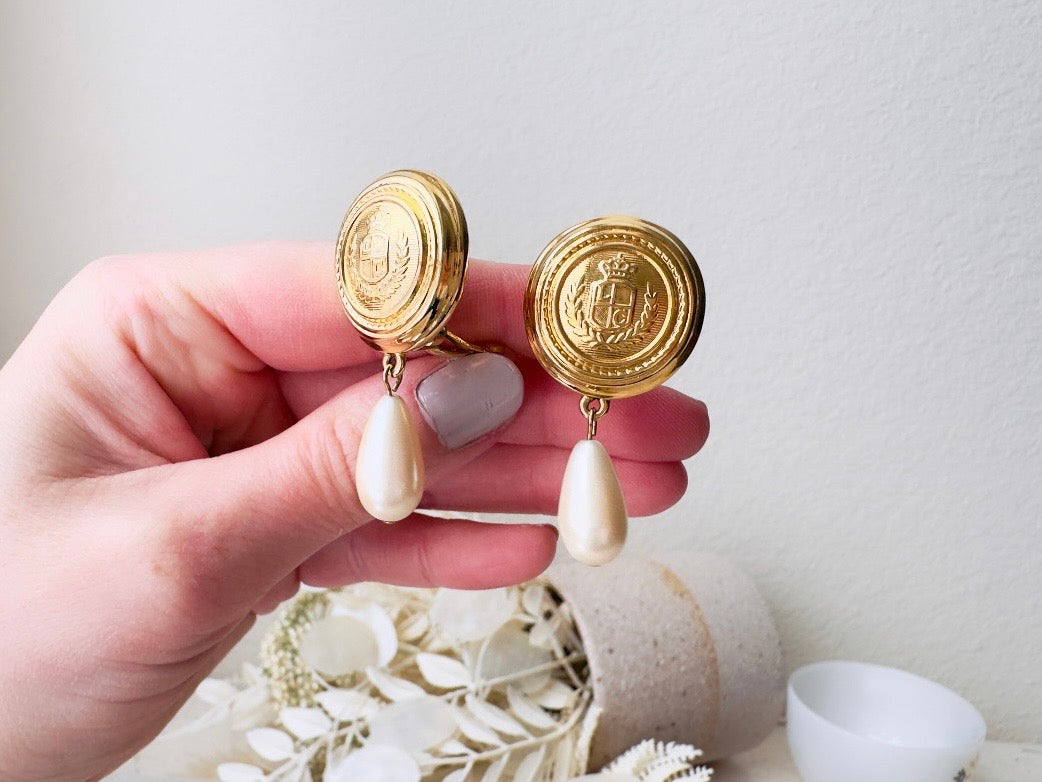 Etruscan Pearl Drop Earrings, Vintage Liz Claiborne Shield Clip On Earrings with Signaure Gold LCI Laurel Crest