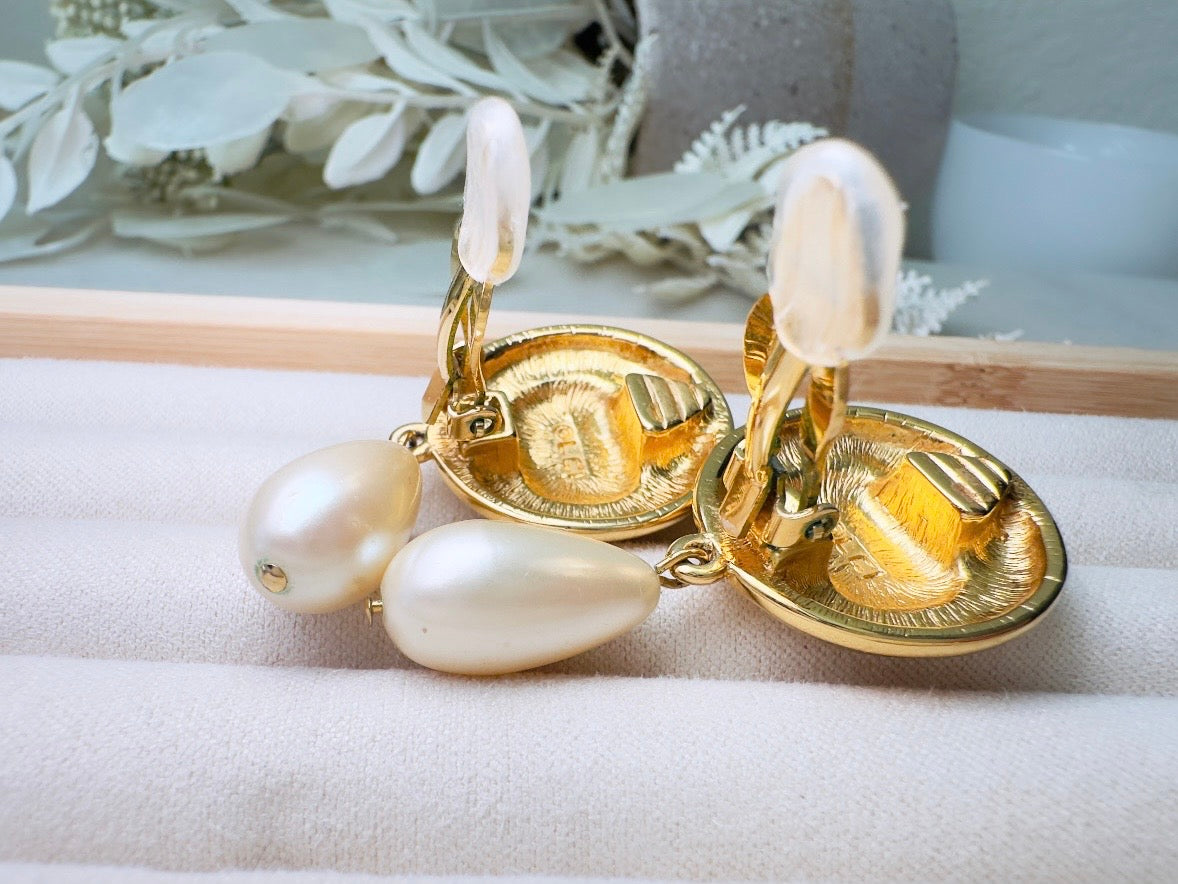 Etruscan Pearl Drop Earrings, Vintage Liz Claiborne Shield Clip On Earrings with Signaure Gold LCI Laurel Crest