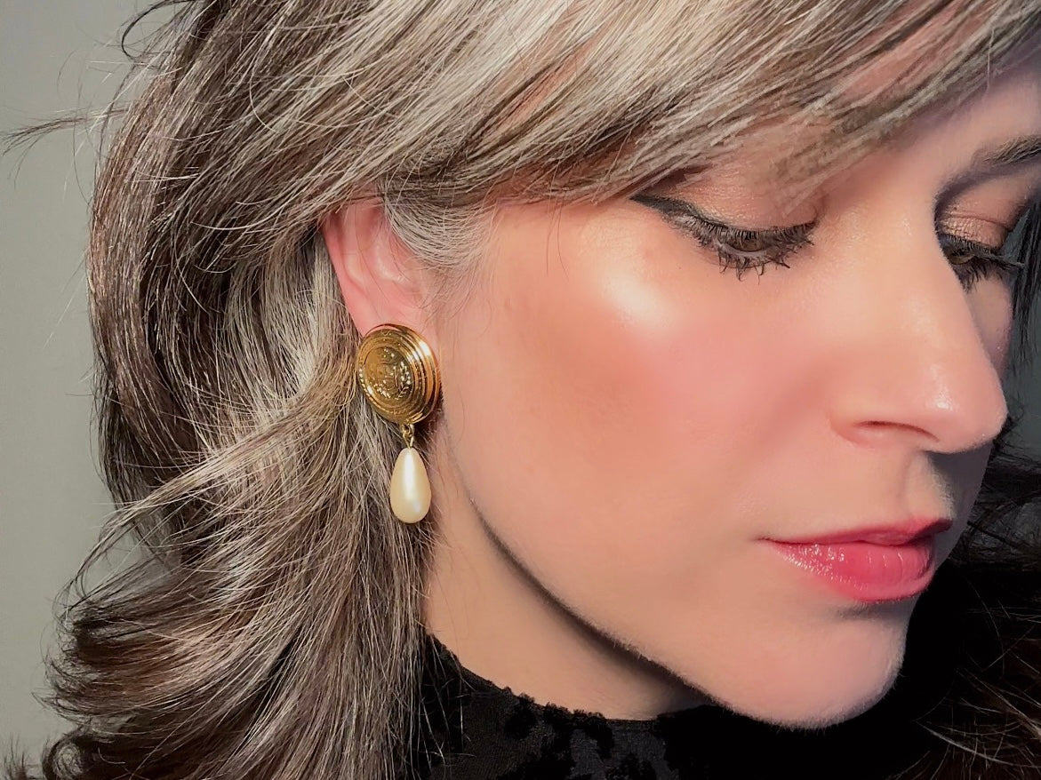 Etruscan Pearl Drop Earrings, Vintage Liz Claiborne Shield Clip On Earrings with Signaure Gold LCI Laurel Crest