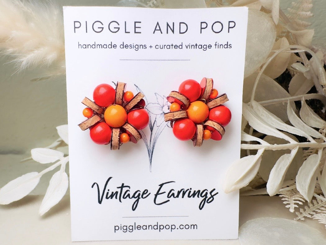 Vintage Japanese Earrings, Colorful 60s Earrings in Red + Orange with Wood and Sequins, Beaded Clip On Earrings