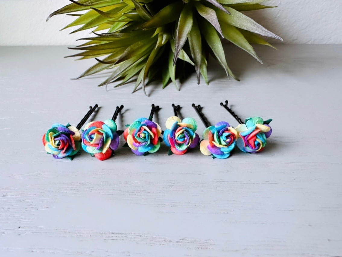 Rainbow Hair Pins, Colorful Rainbow Swirl  Bobby Pins, Lovely lgbtqia Wedding Flower Hair Pins, Cute Whimsical Paper Hair Flowers MPR6