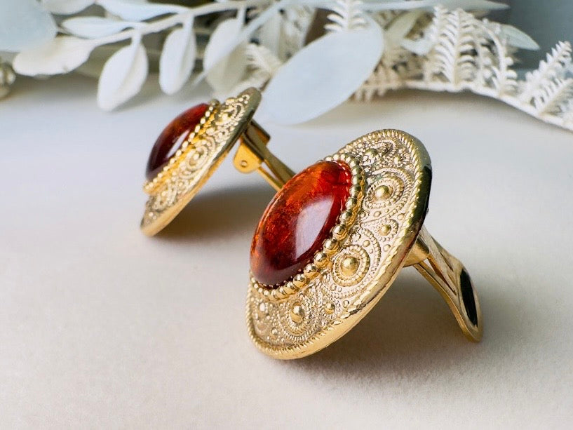 1928 Ornate Gold & Amber Resin Cabochon Vintage Statement Earrings