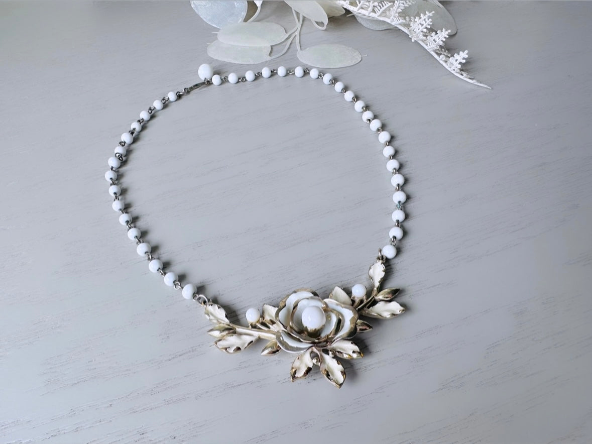 1950s White Flower Vintage Coro Necklace, Cream Enamel White Beads Gold Tone Floral Necklace 15" Flower Choker, Whimsical Bridal Necklace