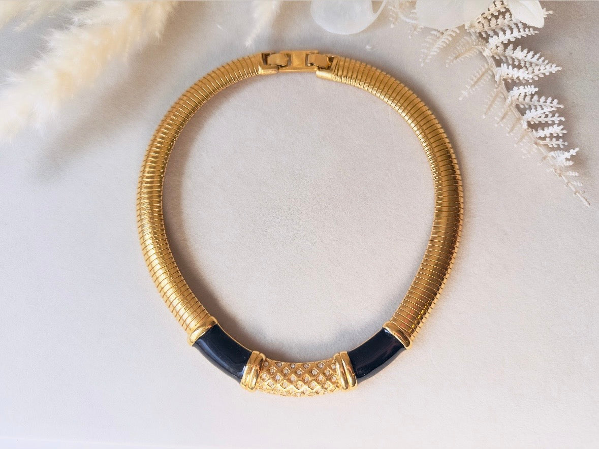 Vintage Omega Necklace, Black and Gold Monet Designer Vintage Necklace with Pave Rhinestones and Black Enamel