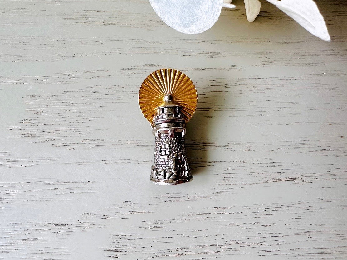 Vintage Lighthouse Pin, Silver and Gold Tie Tack Lapel Pin, Detailed Golden Beacon Nautical Birthday, Mariner Groom Accessories