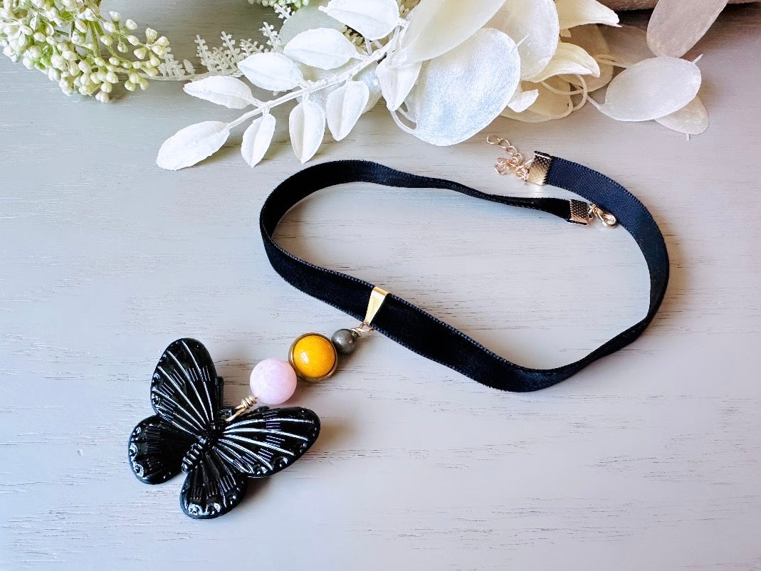 Gemstone Butterfly Choker, Whimsical Handmade Black Velvet Choker Necklace, Whimsigoth Rose Quartz Yellow Jade & Pyrite Orbs Black Butterfly