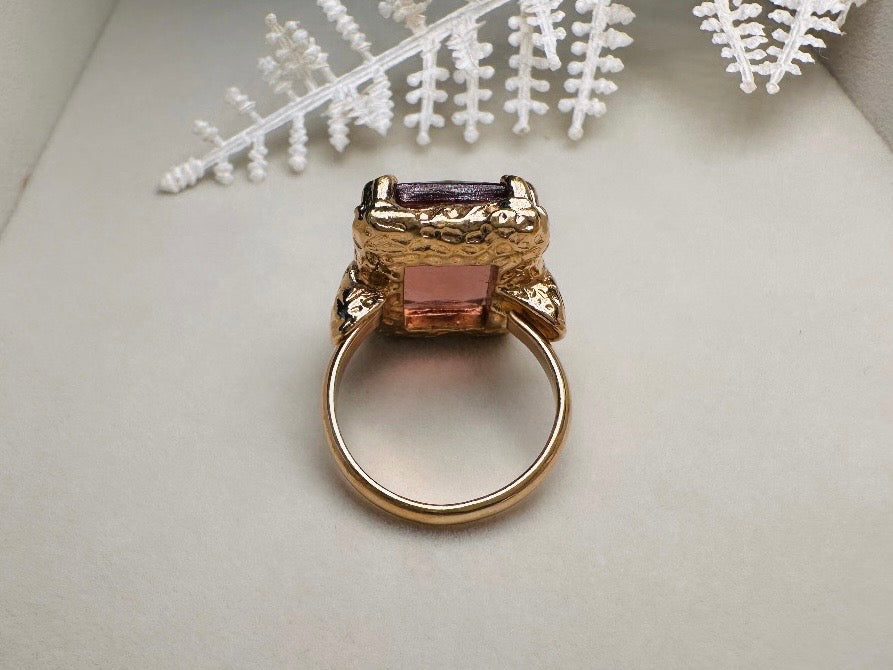 Vintage Cocktail Ring, 1973 Twilight Faux Amethyst Emerald Cut Ring