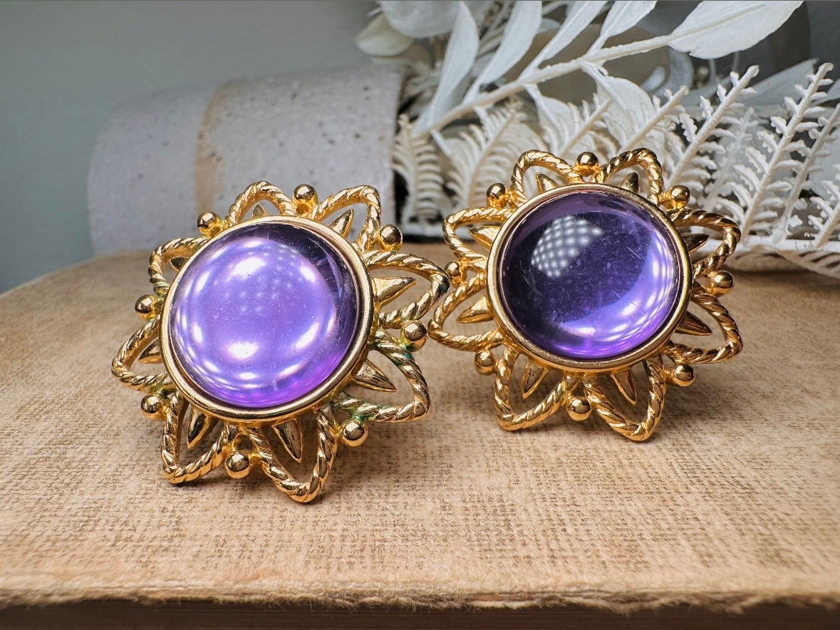 Purple Trifari Jelly Belly Sun Earrings, Rare Moonglow Violet Domed Glass Earrings