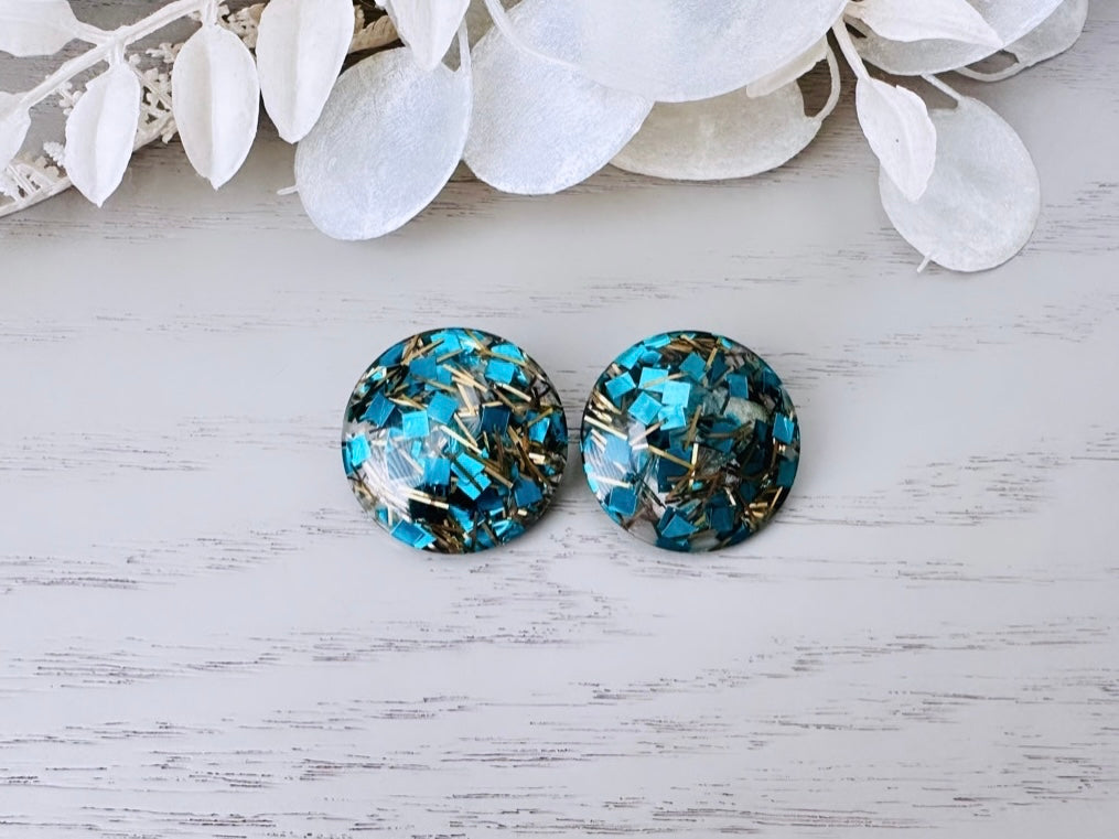 Teal Confetti Earrings, Vintage Party Earrings, Green and Gold Confetti Clip on Earrings, Mod 60s Retro Fashion, Christmas Holiday Earrings