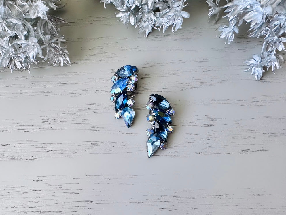 Blue Vintage Rhinestone Earrings, Extraordinary Vintage 1960's Crystal Climber Clip On Earrings, Sparkling Sapphire Blue Wing Earrings
